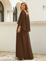Robe de A-ligne en Mousseline à Col en V avec Volants Perlé en Cascade Brun