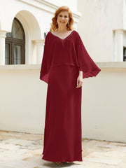 Robe de A-ligne en Mousseline à Col en V avec Volants Perlé en Cascade Bordeaux