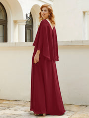 Robe de A-ligne en Mousseline à Col en V avec Volants Perlé en Cascade Bordeaux Grande Taille