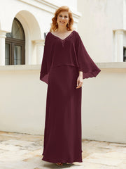 Robe de A-ligne en Mousseline à Col en V avec Volants Perlé en Cascade Cabernet Grande Taille
