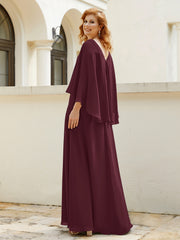 Robe de A-ligne en Mousseline à Col en V avec Volants Perlé en Cascade Cabernet Grande Taille