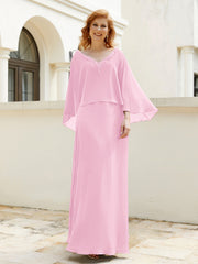 Robe de A-ligne en Mousseline à Col en V avec Volants Perlé en Cascade Rose Bonbon