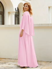 Robe de A-ligne en Mousseline à Col en V avec Volants Perlé en Cascade Rose Bonbon