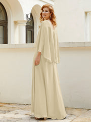 Robe de A-ligne en Mousseline à Col en V avec Volants Perlé en Cascade Champagne Grande Taille