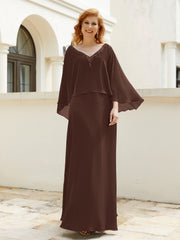 Robe de A-ligne en Mousseline à Col en V avec Volants Perlé en Cascade Chocolat
