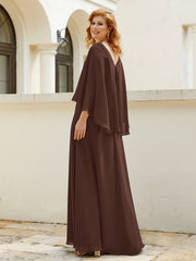Robe de A-ligne en Mousseline à Col en V avec Volants Perlé en Cascade Chocolat