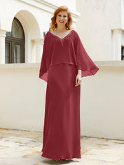 Robe de A-ligne en Mousseline à Col en V avec Volants Perlé en Cascade Cannelle Rose