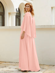 Robe de A-ligne en Mousseline à Col en V avec Volants Perlé en Cascade Corail Grande Taille