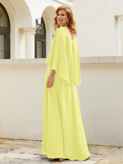 Robe de A-ligne en Mousseline à Col en V avec Volants Perlé en Cascade Jonquille
