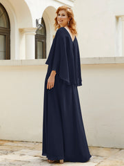 Robe de A-ligne en Mousseline à Col en V avec Volants Perlé en Cascade Bleu Marine