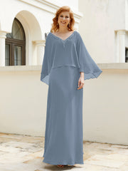 Robe de A-ligne en Mousseline à Col en V avec Volants Perlé en Cascade Bleu Poudré Grande Taille