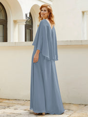 Robe de A-ligne en Mousseline à Col en V avec Volants Perlé en Cascade Bleu Poudré Grande Taille