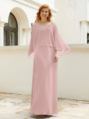 Robe de A-ligne en Mousseline à Col en V avec Volants Perlé en Cascade Rose Poudré Grande Taille