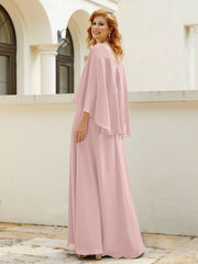 Robe de A-ligne en Mousseline à Col en V avec Volants Perlé en Cascade Rose Poudré