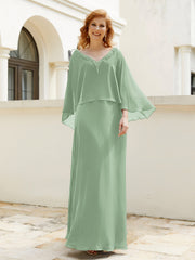 Robe de A-ligne en Mousseline à Col en V avec Volants Perlé en Cascade Sauge Poudrée