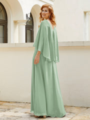 Robe de A-ligne en Mousseline à Col en V avec Volants Perlé en Cascade Sauge Poudrée Grande Taille