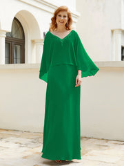 Robe de A-ligne en Mousseline à Col en V avec Volants Perlé en Cascade Emeraude Grande Taille
