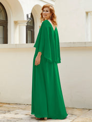 Robe de A-ligne en Mousseline à Col en V avec Volants Perlé en Cascade Emeraude