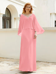 Robe de A-ligne en Mousseline à Col en V avec Volants Perlé en Cascade Flamant