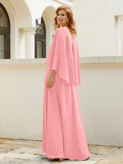 Robe de A-ligne en Mousseline à Col en V avec Volants Perlé en Cascade Flamant Grande Taille