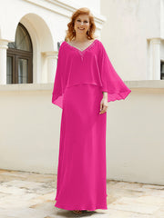 Robe de A-ligne en Mousseline à Col en V avec Volants Perlé en Cascade Fuchsia Grande Taille