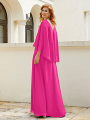 Robe de A-ligne en Mousseline à Col en V avec Volants Perlé en Cascade Fuchsia Grande Taille