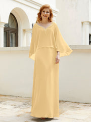Robe de A-ligne en Mousseline à Col en V avec Volants Perlé en Cascade Or
