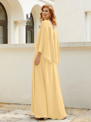 Robe de A-ligne en Mousseline à Col en V avec Volants Perlé en Cascade Or