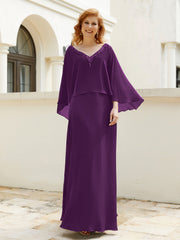 Robe de A-ligne en Mousseline à Col en V avec Volants Perlé en Cascade Raisin Grande Taille