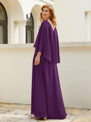 Robe de A-ligne en Mousseline à Col en V avec Volants Perlé en Cascade Raisin Grande Taille