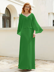 Robe de A-ligne en Mousseline à Col en V avec Volants Perlé en Cascade Vert