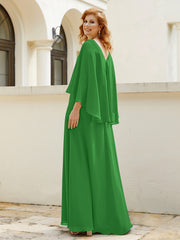 Robe de A-ligne en Mousseline à Col en V avec Volants Perlé en Cascade Vert Grande Taille