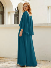 Robe de A-ligne en Mousseline à Col en V avec Volants Perlé en Cascade Bleu Encre