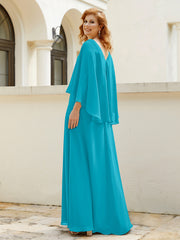 Robe de A-ligne en Mousseline à Col en V avec Volants Perlé en Cascade Jade