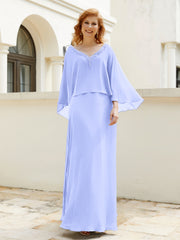 Robe de A-ligne en Mousseline à Col en V avec Volants Perlé en Cascade Lavande