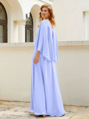 Robe de A-ligne en Mousseline à Col en V avec Volants Perlé en Cascade Lavande