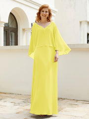 Robe de A-ligne en Mousseline à Col en V avec Volants Perlé en Cascade Citron Grande Taille