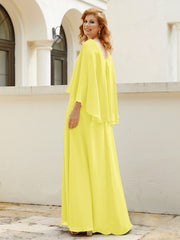 Robe de A-ligne en Mousseline à Col en V avec Volants Perlé en Cascade Citron Grande Taille