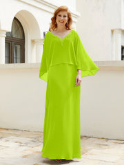 Robe de A-ligne en Mousseline à Col en V avec Volants Perlé en Cascade Vert Citron Grande Taille