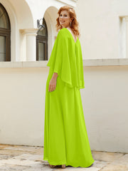 Robe de A-ligne en Mousseline à Col en V avec Volants Perlé en Cascade Vert Citron