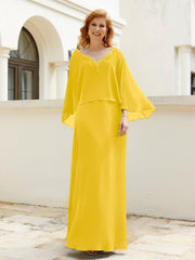 Robe de A-ligne en Mousseline à Col en V avec Volants Perlé en Cascade Souci Grande Taille