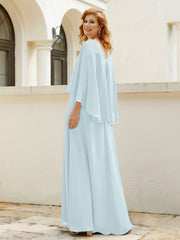 Robe de A-ligne en Mousseline à Col en V avec Volants Perlé en Cascade Brume