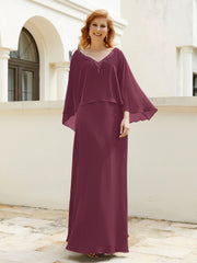 Robe de A-ligne en Mousseline à Col en V avec Volants Perlé en Cascade Mûre
