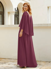 Robe de A-ligne en Mousseline à Col en V avec Volants Perlé en Cascade Mûre Grande Taille