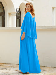 Robe de A-ligne en Mousseline à Col en V avec Volants Perlé en Cascade Bleu Océan Grande Taille