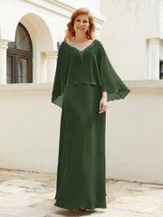 Robe de A-ligne en Mousseline à Col en V avec Volants Perlé en Cascade Olive Verte