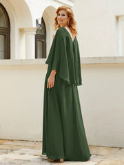 Robe de A-ligne en Mousseline à Col en V avec Volants Perlé en Cascade Olive Verte