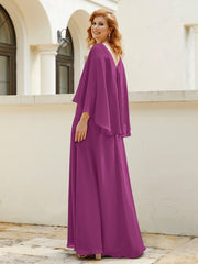 Robe de A-ligne en Mousseline à Col en V avec Volants Perlé en Cascade Orchidee