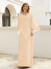 Robe de A-ligne en Mousseline à Col en V avec Volants Perlé en Cascade Pêche