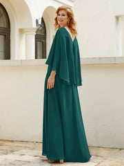 Robe de A-ligne en Mousseline à Col en V avec Volants Perlé en Cascade Paon Grande Taille